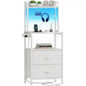 40'' Tall Nightstand with  Station, Bedside Table with LED Lights, End Table with 2 Drawers and Storage Shelves, Night Stand with Pegboard for Bedroom, White