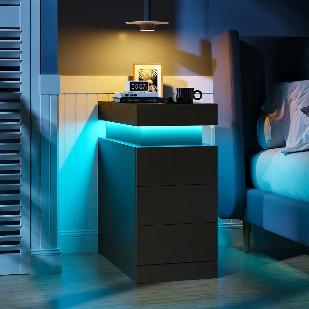Sikaic Narrow Nightstand Charging Station, End Table with Sliding Top, 3 Drawers Bedside Tables for Living Room Bedroom, Night Stand for Small Space, Black, Home Furniture, Dorm Essentials [tiktokshopbacktoschool]