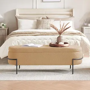 [SummerVibes] Vabches Modern 45-Inch Upholstered Oval Storage Ottoman with Metal Stand and Hinges, for Bedroom End of Bed, Entryway, Beige