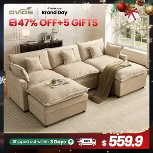 【2 Packages Shipping】Ovios 108" U-Shaped Modern Sofa Modular Sectional Cloud Couch with 2 Ottoman, Comfy Chenille Deep Seat Sofa Bed with 5 Pillows for Living Room, Bedroom and Apartment, 5-Seater
