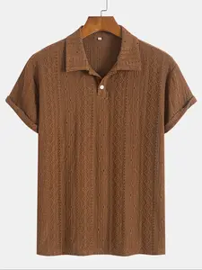 Men's Solid Jacquard Button Polo Shirt, Regular Fit Casual Short Sleeve Polo Top for Summer, Fashion Men's Clothes for Daily Wear