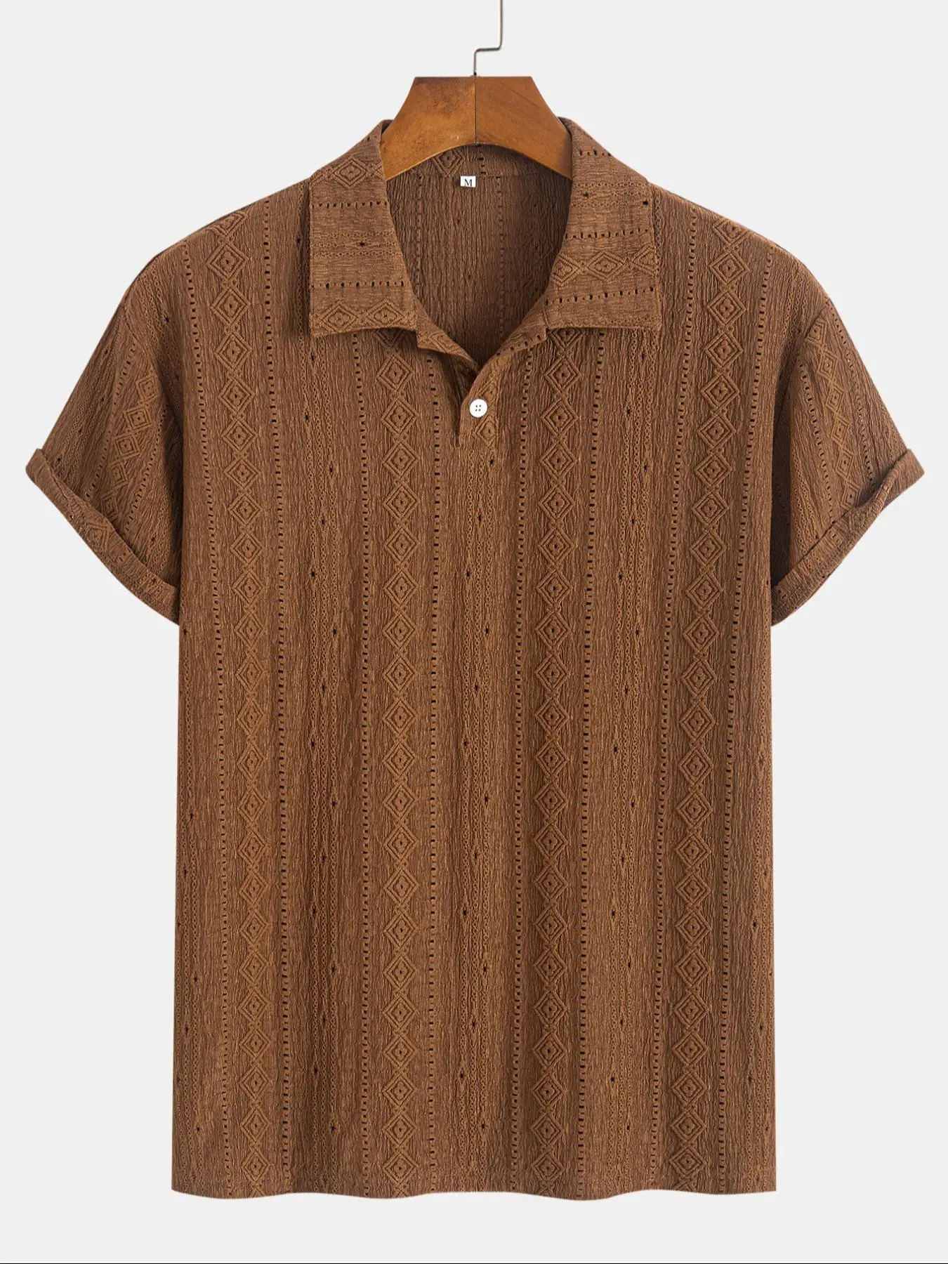 Men's Solid Jacquard Button Shortsleeve Polo Shirt, Regular Fit Casual Short Sleeve Polo Top for Summer, Fashion Men's Clothes for Daily Wear, Men's C