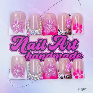 Delicatething Y2K Style Duckbill Nail Set, Handmade Wearable Nails Stylish Acrylic Nails with Colorful Diamonds & Flowers, Perfect Gift for Women, Includes Adhesive Gel