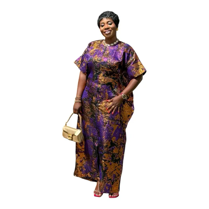 Lady's Minimalist AKUA Luxury Brocade Boubou, 57” Petite Size Women's Clothes with Bow-Neck Casual Dress Head Wrap and Inner Belt
