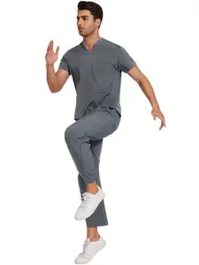 Summer Two-Piece Solid Color Scrub Set - Short Sleeve with Pockets, Micro Elastic Polyester Fabric, Drawstring Pants - Medical & Health Care Uniform Workwear for Men, Casual Wear Grey