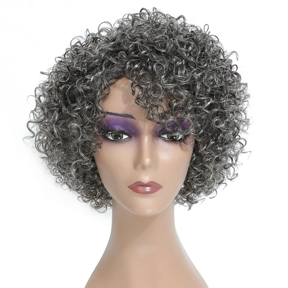 Grey Glueless Wigs Human Hair Wigs for Black Women Grey Short Curly Wigs for Black Women Human Hair  Kinky Curly Wear and Go Glueless Wig Ombre Gray 8 Inch Short Wigs for Older Women
