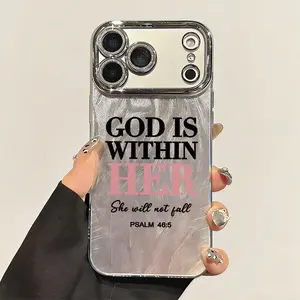 God is Within Her Psalm 46:5 Text Pattern Phone Case for iPhone 17 Pro Max 17Air 16 Plus 15 14 13 12 11 Fashionable Silver Brushed Texture Shockproof Protective Casing Cover