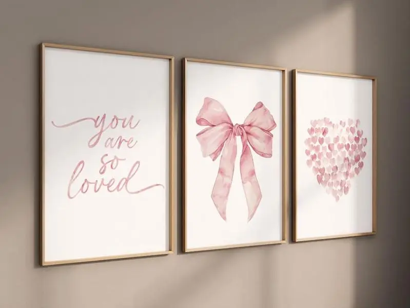 Pink Bow Nursery Poster Unframed : Watercolor Wall Art Set of 3