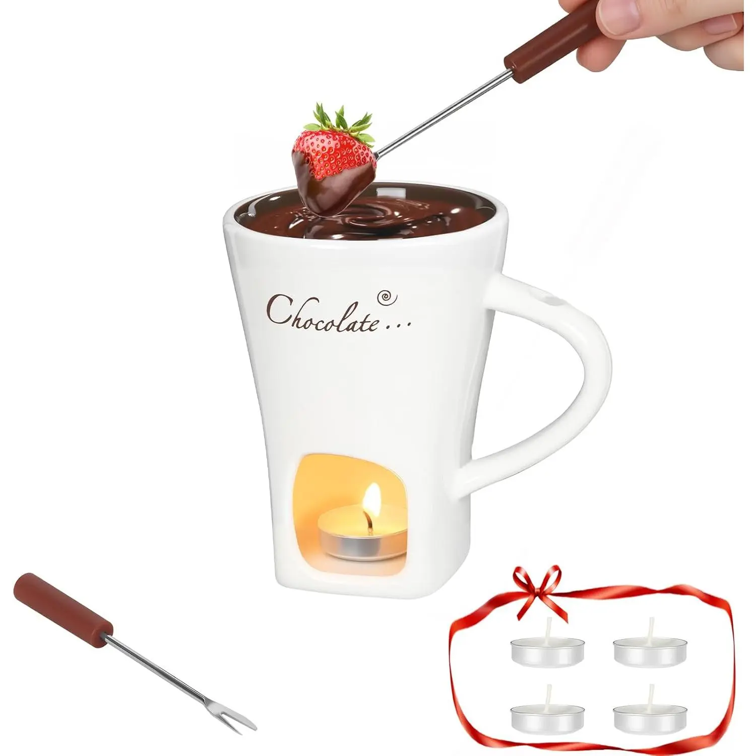 Fondue Pot Cup Set, Chocolate Melting Fondue Mugs with 2 Forks & 4 Tealights, Mini White Ceramic Fondue Set for Cheese, Marshmallows, Sweet Fondue Cup for Date Night, Party, Wedding, or Holiday Gift