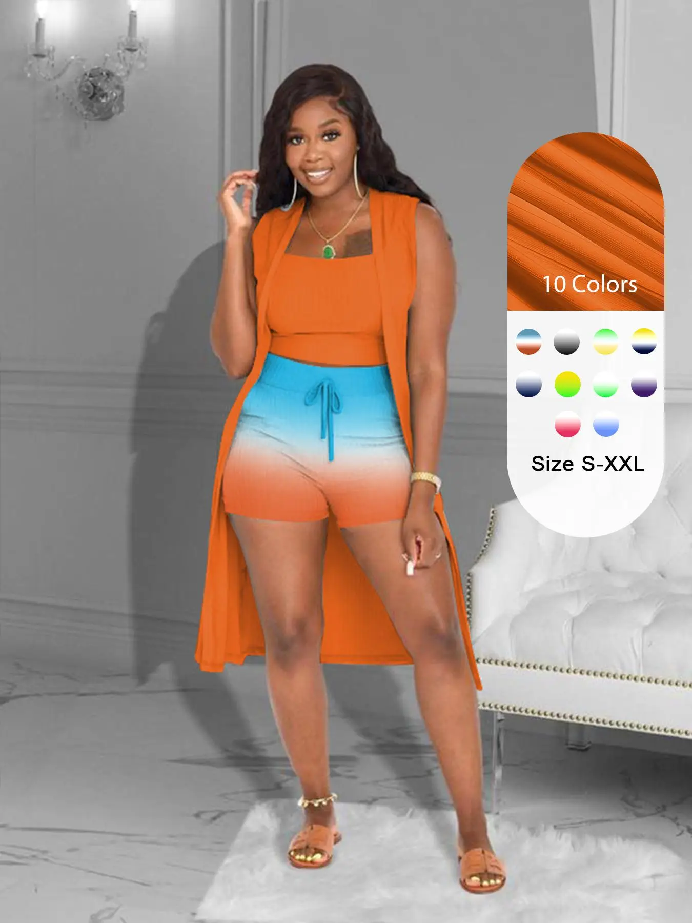 Three-piece Set Women's Minimalist Ombre Print Drawstring Shorts Set, Lady Sexy Casual Comfort Spaghetti Strap Crop Top & Pocket Shorts & Open Front O