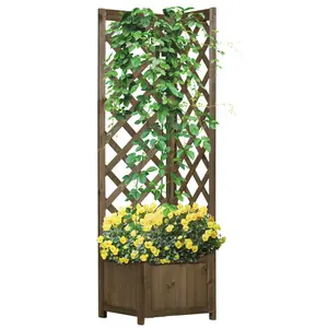 Wooden Raised Garden Bed with Trellis, 57" Freestanding Corner Planter Box for Vine Plants Flowers Climbing and Planting Carbonized