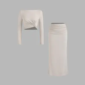 Cider [2 colors, size 0-26] Boat Neckline Solid Twist Long Sleeve Crop Top & Mid Rise Solid Ruched Maxi Skirt