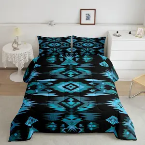 Blue Black Southwestern Comforter Set,Tribal Native American Indian Bedding Set ,Boys Girls Bedroom Room Decor,Exotic Style Comforter,Farmhouse Western Bed Set