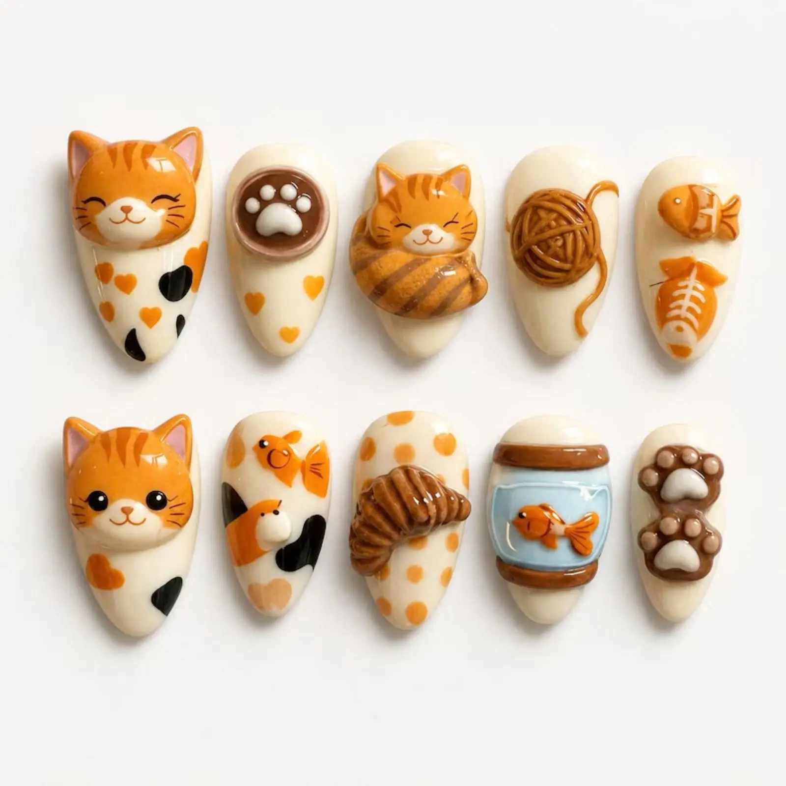 Cute Orange Cat and Fish Themed Ceramic Brooches, Kawaii Handmade Pin Collection