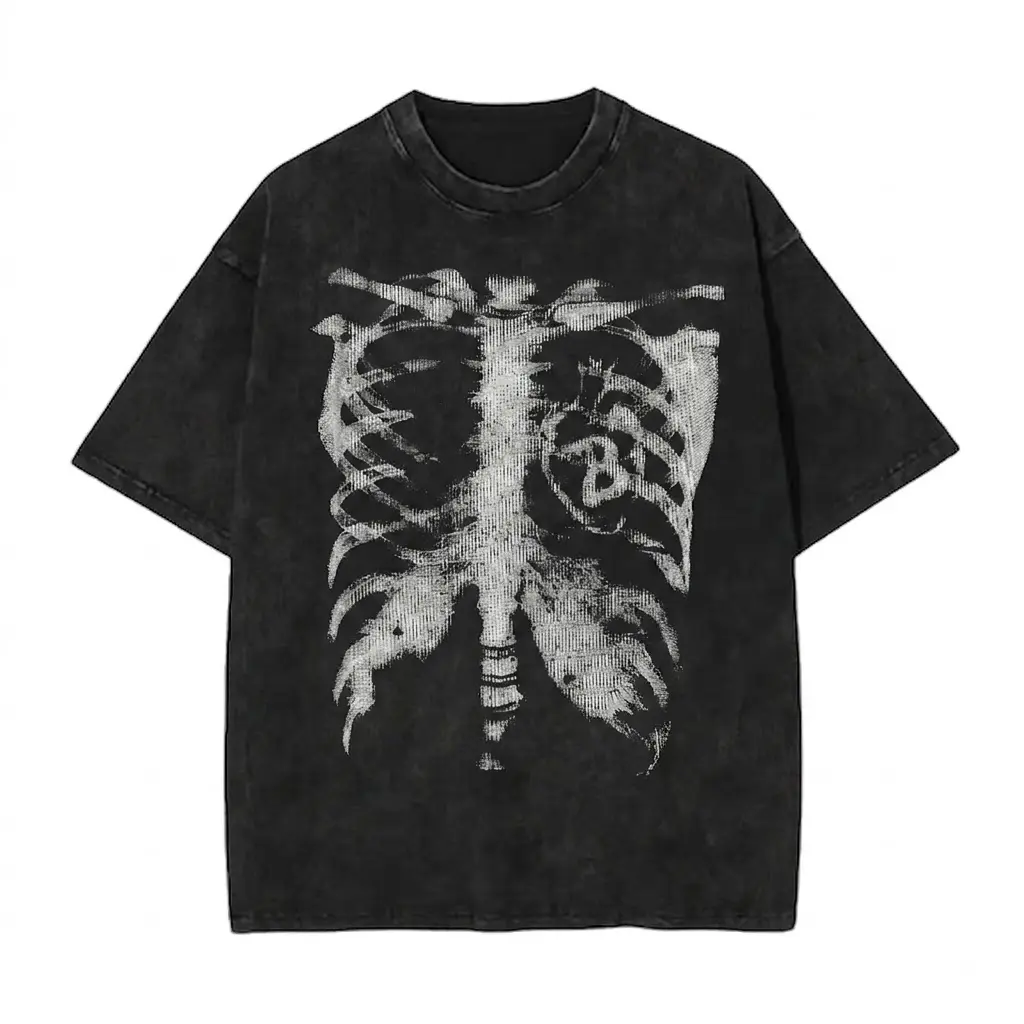 Skeleton Ribcage Graphic T-Shirt Vintage Acid Wash Oversized Grunge Tee Streetwear