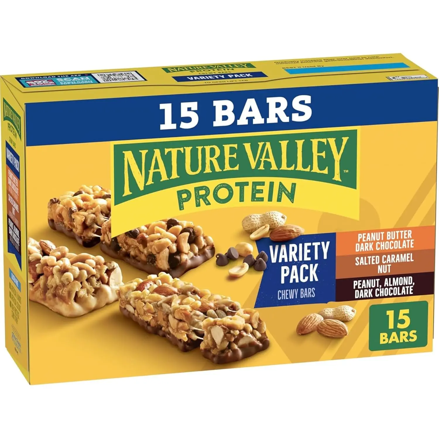 Protein Bars Variety Pack, Gluten Free Chewy Granola Snack Bars, 10g Protein, Peanut Butter Dark Chocolate, Salted Caramel Nut, Peanut Almond Dark Chocolate, 15 Count, 21.3 oz Box
