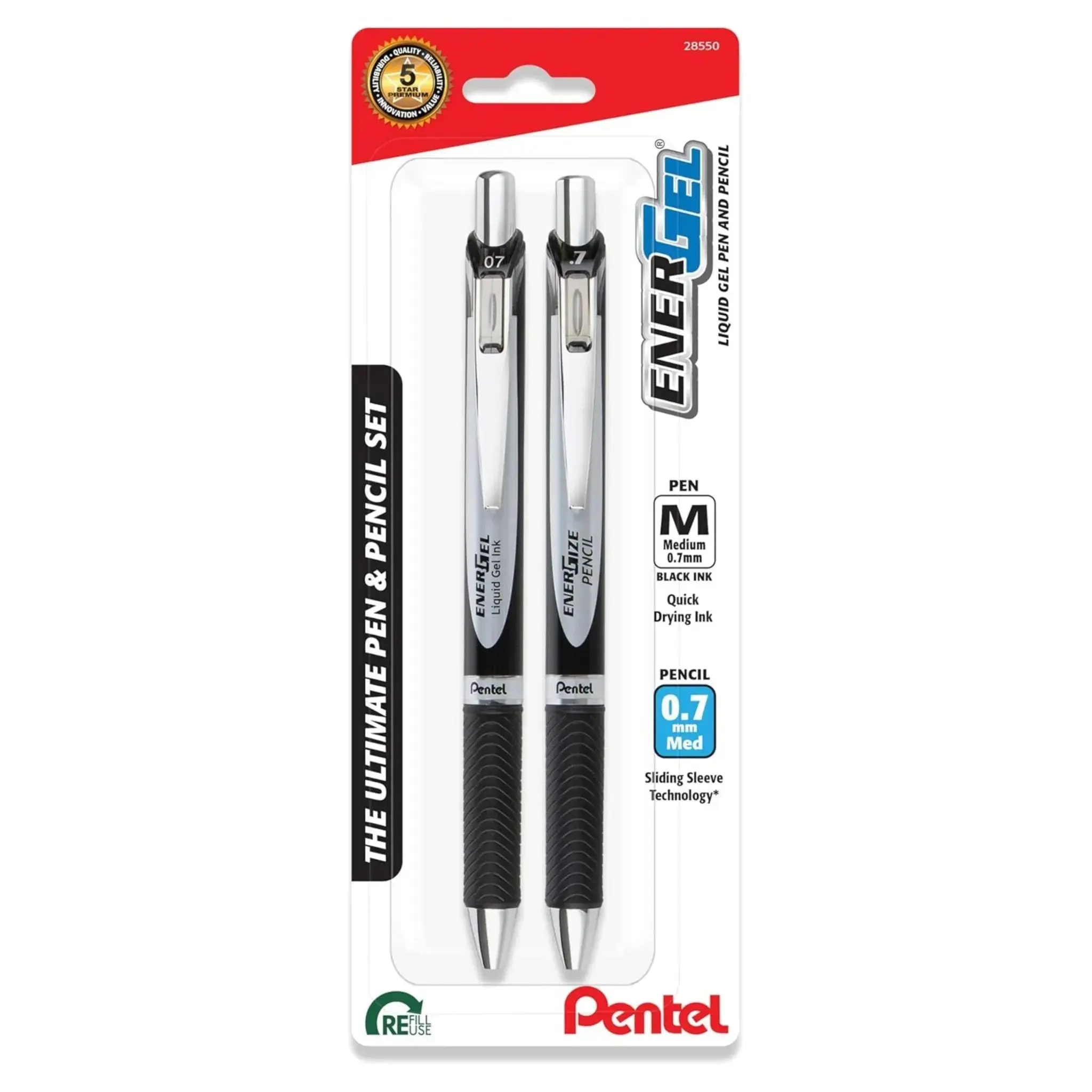 Pentel EnerGel Pen and EnerGize Pencil Set, 0.7mm, Black 