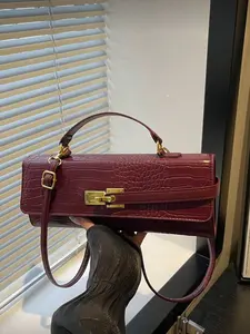 Stylish Burgundy Crocodile Embossed Stripe Handbag, Unique Metal Lock Closure, Versatile for Office, Dates, Weddings & Daily Use, PU Leather Handbag