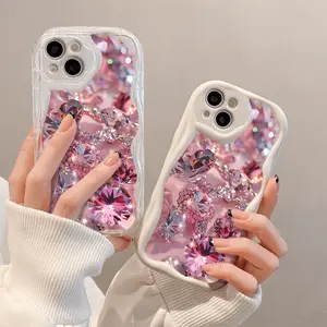 Creative Fashionable Pink Diamond Design Pattern Lens Protection Wave Anti-drop Phone Case for iPhone XS 11 12 13 14 15 16 17 Pro Max Plus Air E, Protector for Woman Girlfriend Cute Christmas Gift