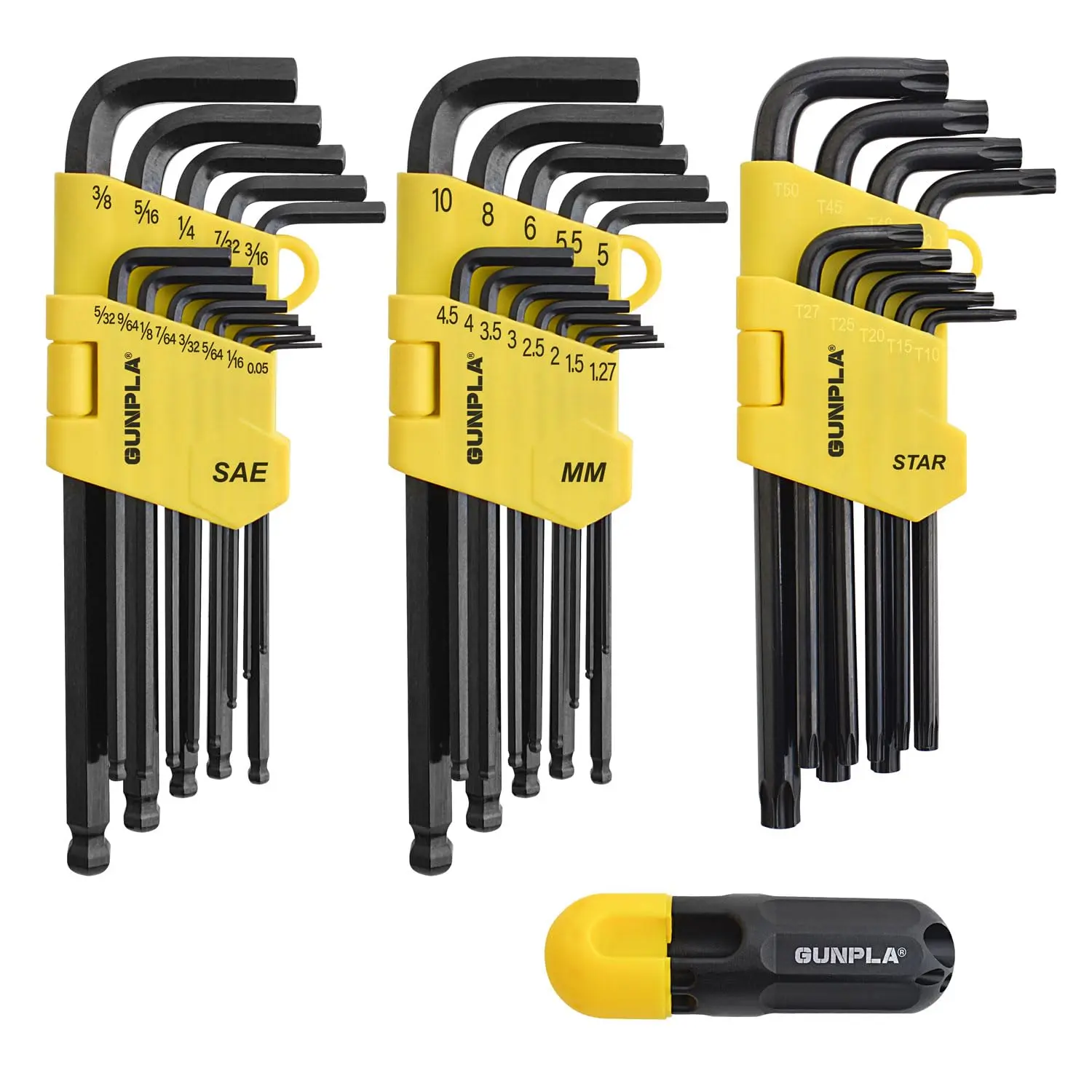 Gunpla 36-Piece Premium Hex Key Set - 52-55 HRC Heat-Treated Cr-V Steel, Metric, SAE & Tamper-Resistant Star Wrenches, Ball End, Extra Long Arm for High Torque, Cushioned Handle, Recess Safe Professional Tool Kit for Bicycles, RC Cars, Vehicle Repair