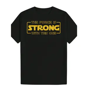Black Crew-Neck Men'S Casual Graphic Tee - 'THE FORCE IS STRONG WITH THIS ONE' Yellow Text Design, Short Sleeve, Eye-Catching Rectangle Layout, Perfect for E