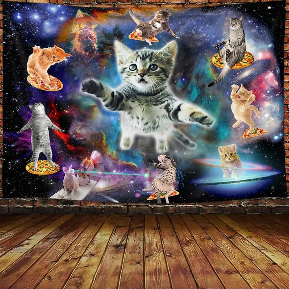 Viajar Cat Tapestry, Fantasy Universe Galaxy Space Funny Cool Cat Tapestry for Boys Kids, Starry Sky Nebula Galaxy Wall Decor Hilarious Cool Tapestries  for Bedroom Living Room Dorm Room