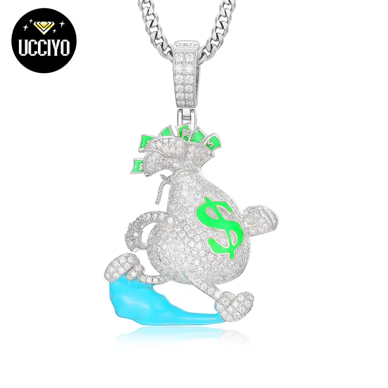 【#P206】925 Sterling Silver Synthetic Moissanite Pendant Necklace, Escape Dollar Money Bag Luminous Pendant for Men and Women Hip Hop Jewelry Gift Fash