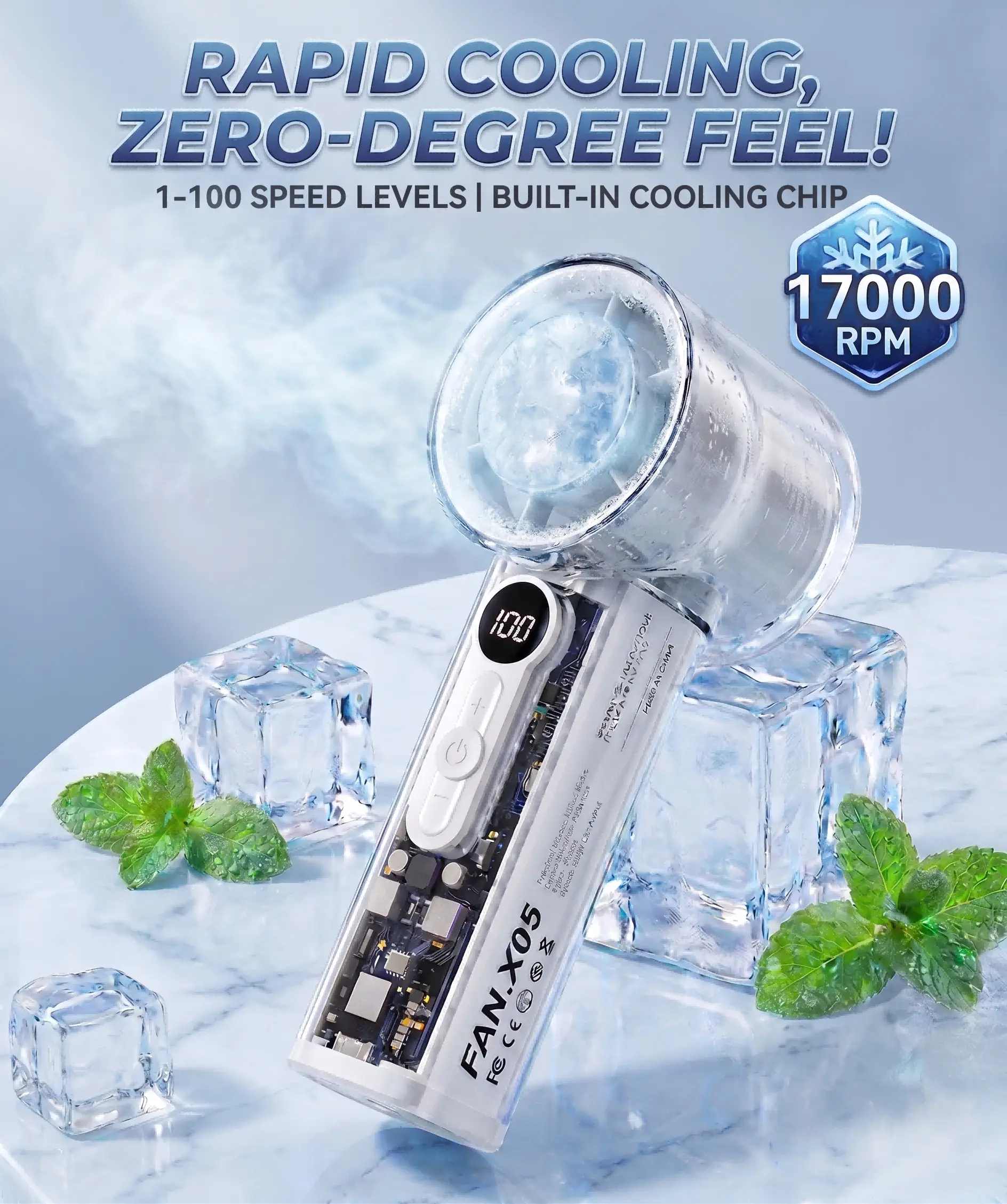 Mecha-Style Battery-Powered Mini Portable Handheld Fan for Girls, Lightweight Transparent Smokeless, Ice Cooler Air Turbo Tech, 1-100 Speed, 8000mAh Fast-Charging, 4.9hrs Runtime, 2.36in×2.17in×6.1in, Long-Lasting Outdoor Office Cooling Ventilation