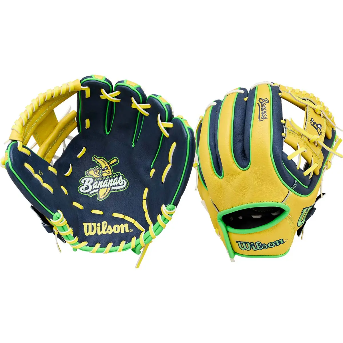 Wilson 11 in Leather Savannah Bananas Tour Staff Baseball Glove, Snug Fit, Team Look Design