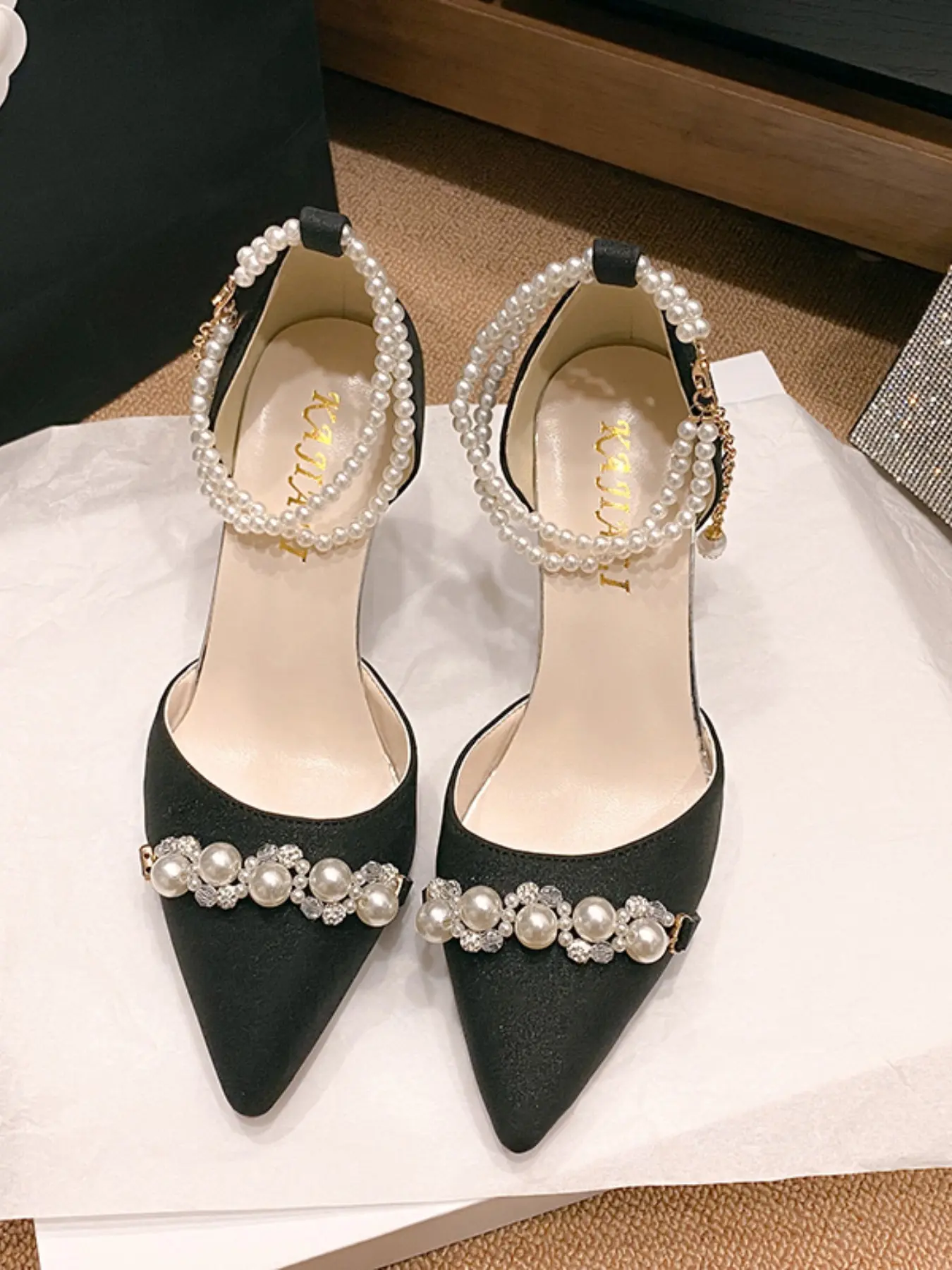 Women's Pointed Toe High Heels, Flared Heel Shoes, Pearl Rhinestone Design, Elegant Fashion Shoes for Party & Daily Wear, Comfortable Stylish Footwear, Sparkly Party Shoes