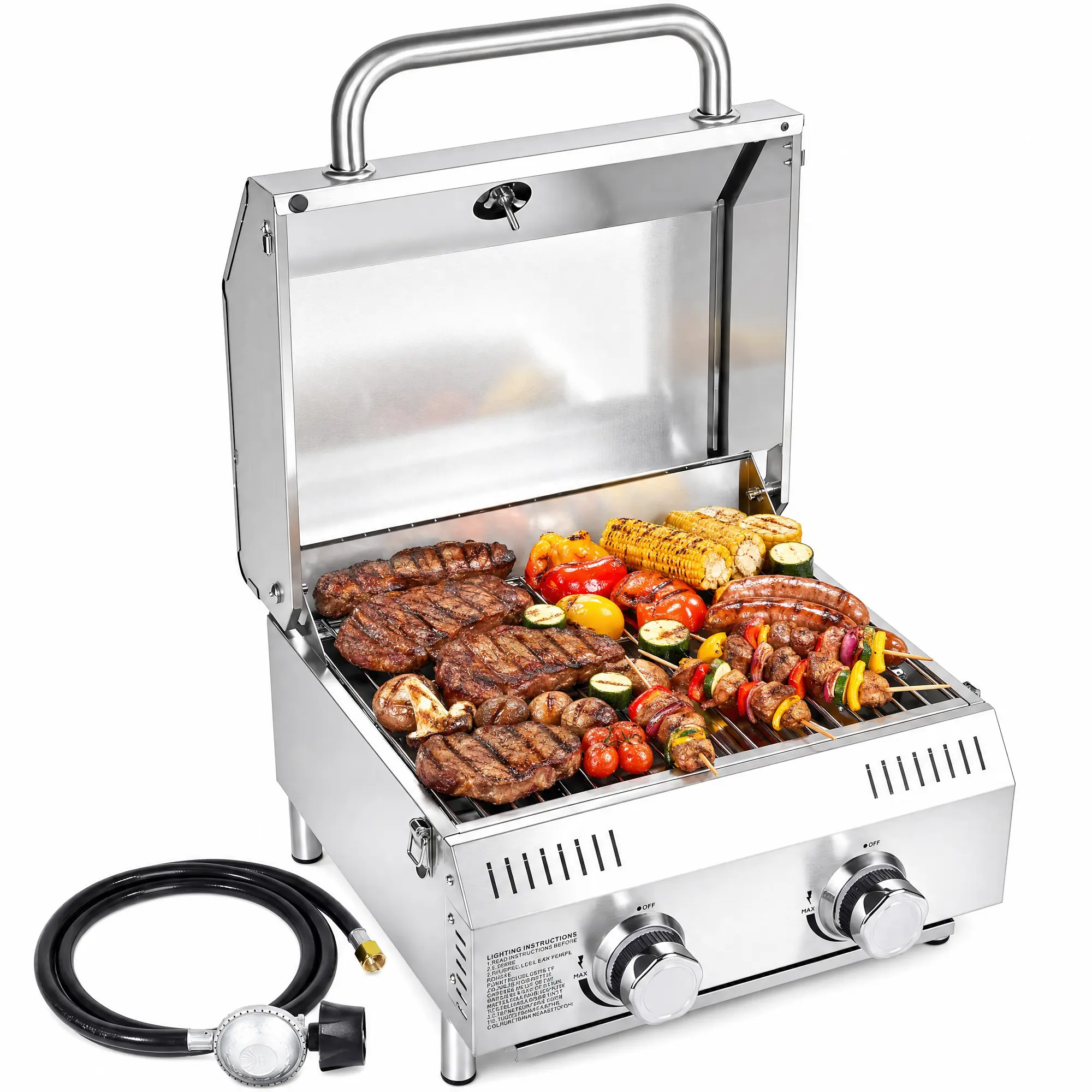 BESTFIRE 20K BTU Portable Tabletop Propane Grill – 2-Burner Stainless Steel BBQ with Detachable Legs, Push-Button Ignition & Built-in Thermometer, Perfect for Camping, RV, Patio & Tailgating – Available in Single or Dual Gas Connection outdoor backyard