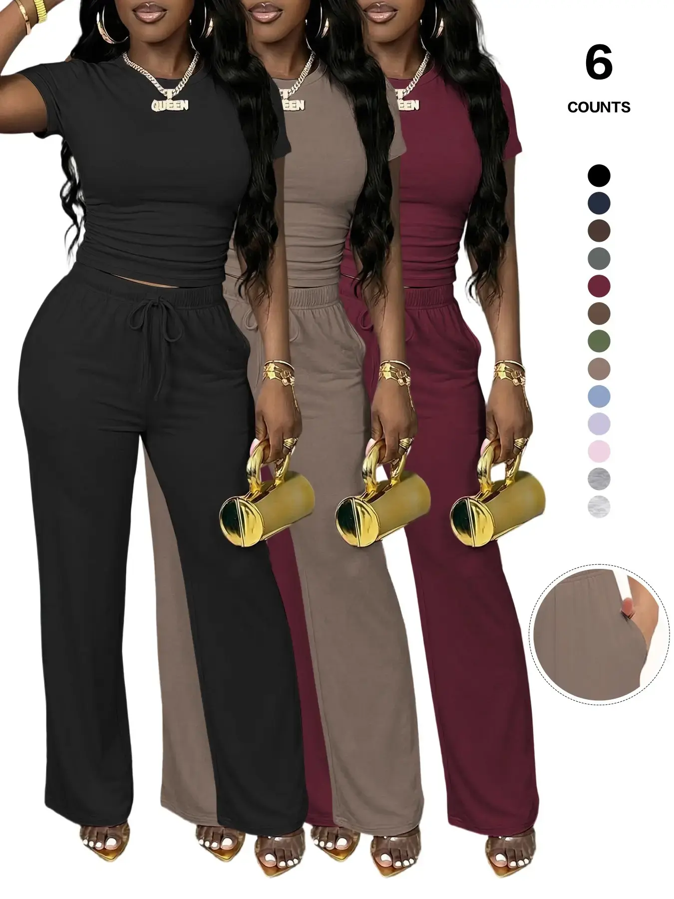 2026 Solid Color round Neck Tee & Flare Leg Pants Loungewear, Casual Comfy Pyjama Set, Women'S Sleepwear for All Seasons, Homewear, Pajama Set