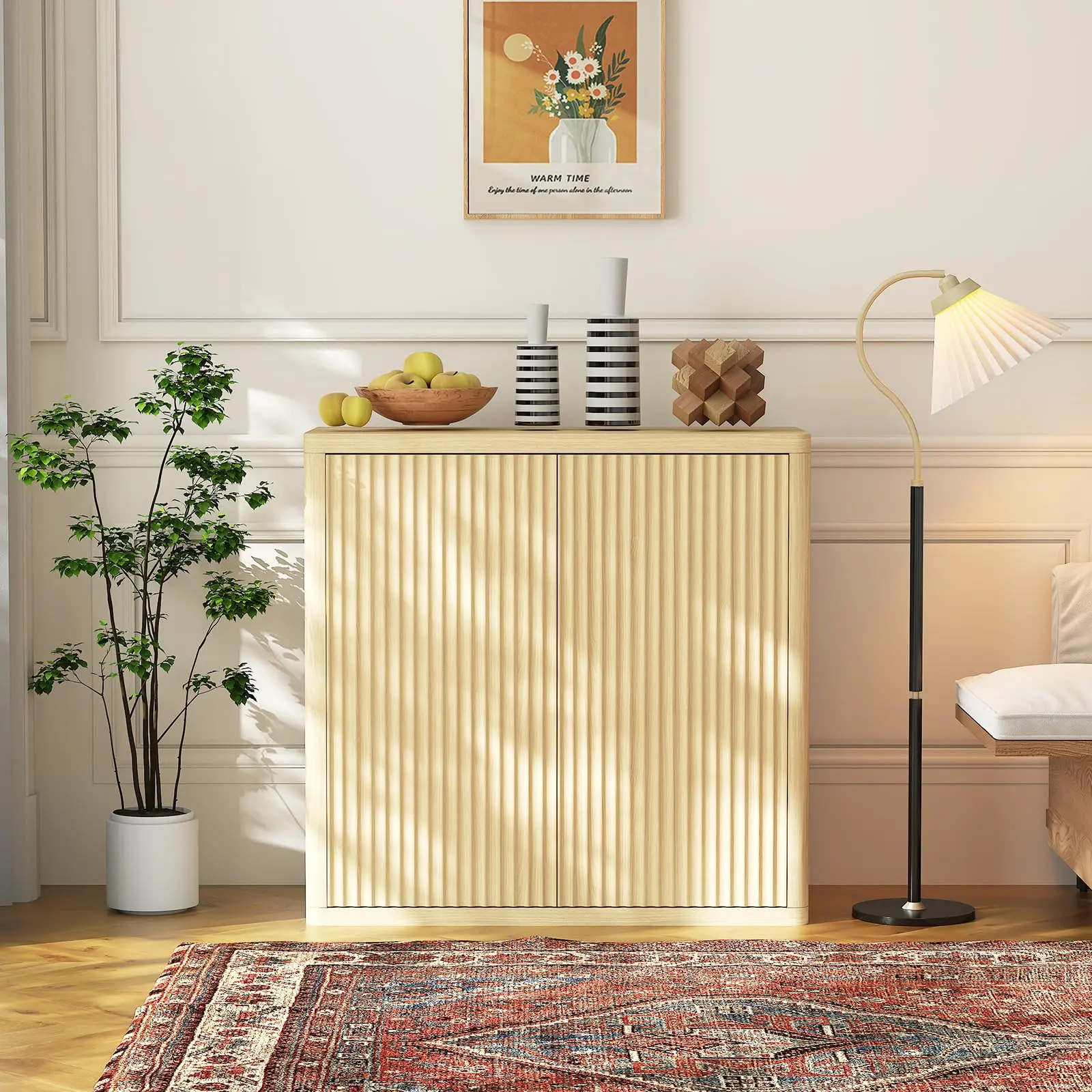 34.6" Wooden Sideboard Buffet Cabinet with 2 Fluted Doors & Adjustable Shelves, Free Standing Coffee Bar Console Table for Dining Room