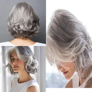 Old Lady Gray Wig Silver Grey Grandma Wig Women Short Wavy Curl Halloween Cosplay Cabello Rizado Plateado Corto y Mediano para Mujer, Peluca con Tocado de Fibra química de Red Rosa, Flequillo Largo de Seda de Alta Temperatura