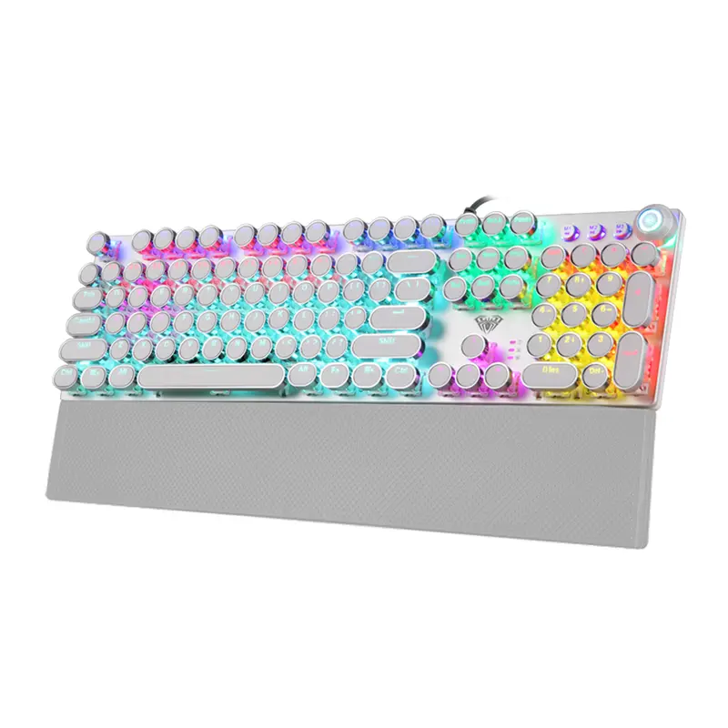 Basaltech F2058 Retro Wired USB 104-Key Blue Switch Mechanical Gaming Keyboard - Anti-Ghosting, Metal Frame, Rainbow LED Backlight, Magnetic Removable Ergonomic Wrist Rest, Customizable Keycaps, Gaming Keyboard Accessories, Computer Accessory