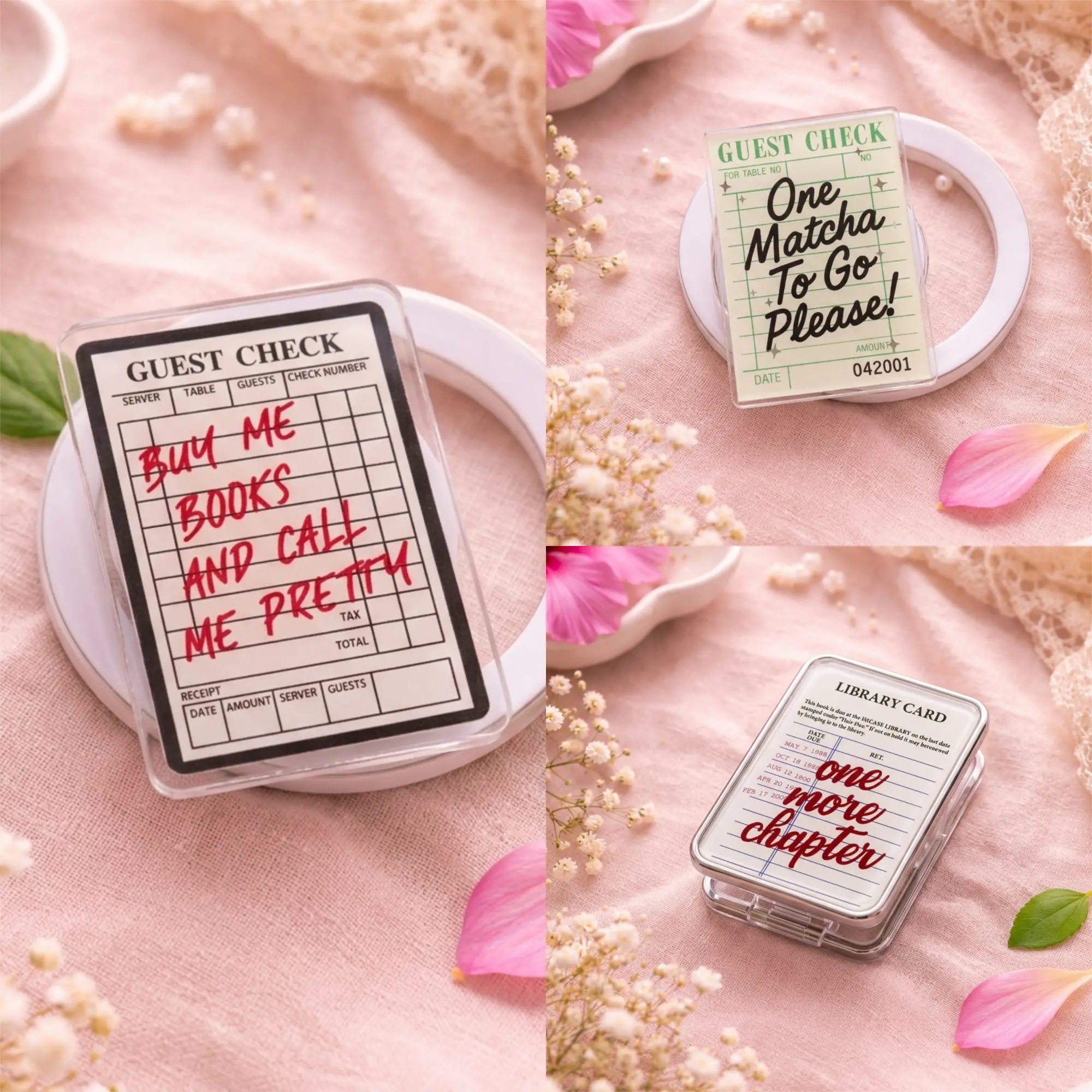 "Retro Stationery" Aesthetic Phone Grip Collection - Guest Check & Library Card Acrylic Griptok, Cute Bookish Kindle Ereader Accessories, Unique Funny Gift for Book Lovers