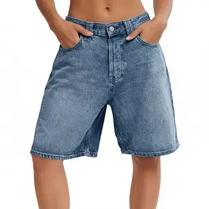 Tankaneo Womens Baggy Jorts Denim Bermuda Shorts Knee Length High Waisted Wide Leg Y2k Loose Long Jeans Shorts