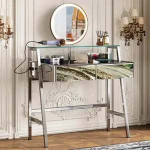 33.9" Mirrored Makeup Vanity Desk with Mirror and Lights, Mirrored Console Vanity Table with 2 Big Drawers & Open Shelf, Dressing Table with Charging Station for Bedroom, Silver -FG202302AAA