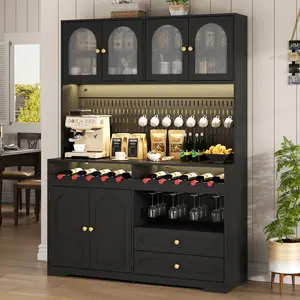 71'' Tall Kitchen Pantry Storage Cabinet, 47''Wide LED Kitchen Hutch with Drawers, Large Black Pantry Cabinet with Wine & Glass Rack