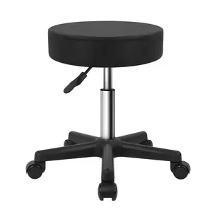 KKTONER Round Rolling Stool PU Leather Height Adjustable Swivel Drafting Work SPA Salon Stools Chair with Wheels Black