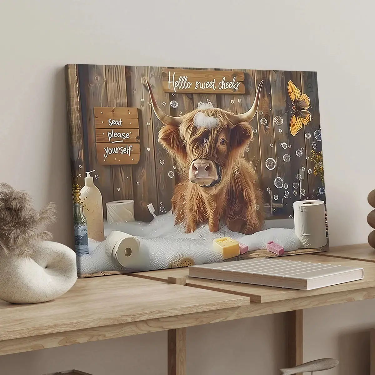 Wooden Frame Canvas Poster, Highland Cow Bubble Theme, Fun Animal Decor, Modern Home Decor, Modern Art Wall Art, Unique Artwork, Waterproof Print, Creative Design Print, Ideal Gift, Art Wall Decoration, Canvas Prints, Art Work For Wall Decor