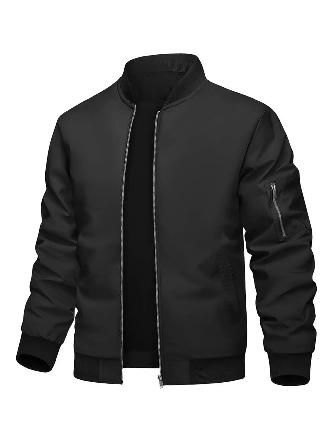Men’s casual baseball outerwear for spring and autumn—fashionable stand-collar aviator jacket; lightweight windproof flying jacket with full zipper, sleeves, and zippered pockets at the cuffs.