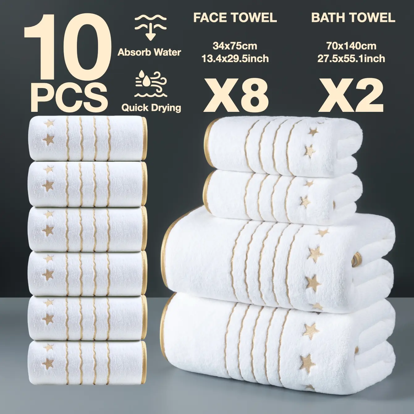 Luxury Gold Thread Embroidered Towel Set, 10 Pieces, 2 140x70cm + 8 Hand Towels 74x34cm, Quick Drying Absorbent Microfiber, Premium Bath Towels, Bathroom Towels, Bath Towel Sets