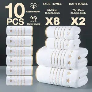 Luxury Gold Thread Embroidered Towel Set, 10 Pieces, 2 140x70cm + 8 Hand Towels 74x34cm, Quick-Dry Absorbent Microfiber, Bathroom Towel Set