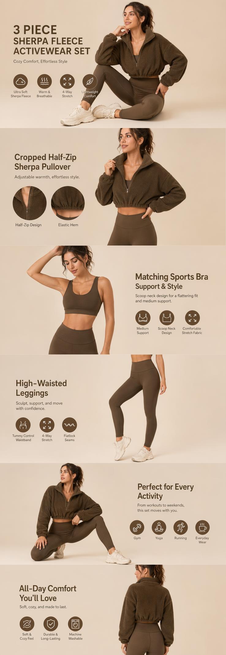 Amoyer 2026 3-Piece Set Sports OutfitFor Women, Soft Knit FaAmoyer bric, High-WaistedPants And Sports Bra, Half-Zip Plush Jacket,Fitness Set For Fall & Winter sportswear sporty style