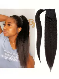 Yaki Straight Hair Ponytail, Human Hair with Dense Kinky Straight Texture, Velcro Wrap Around, Easy to Use, Daily Use, Adds Volume and Length
