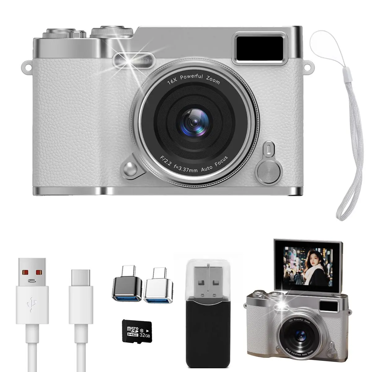 Vintage Y2K Style CCD Camera - 48MP Retro Digital Camera with Flash & 16X Zoom - Portable Vlogging Camcorder for Teens, Kids & Instagram Photos (Includes 32GB SD Card)