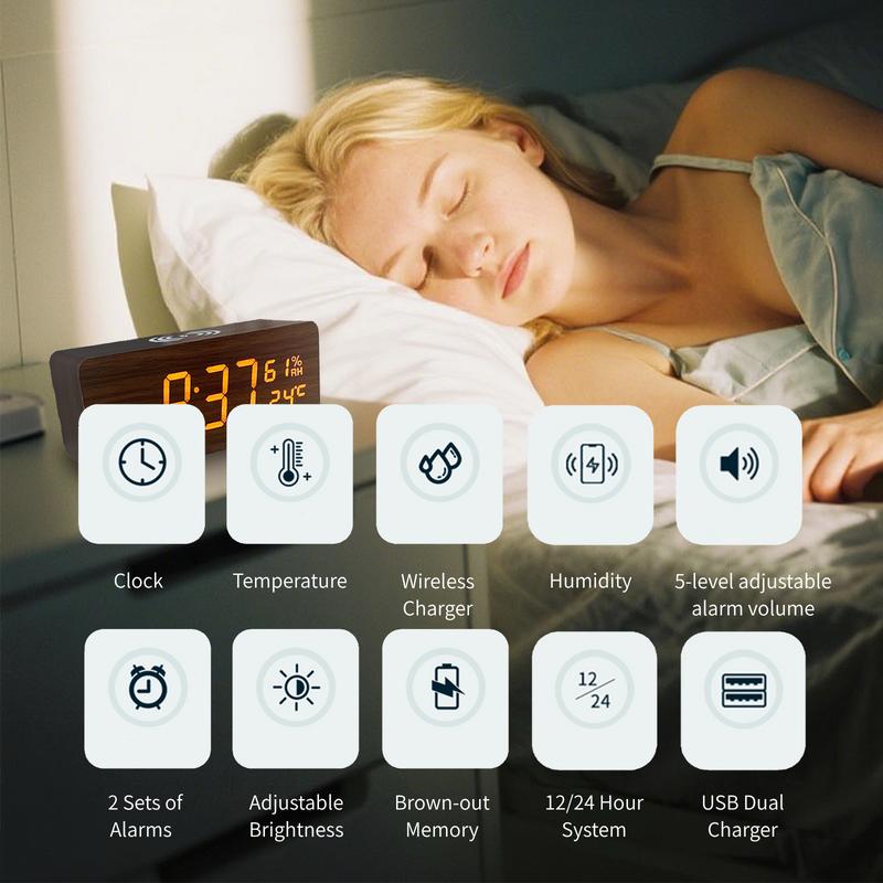 DARAUME Wooden Digital Alarm Clock  Alarm Clock with Qi 15W Wireless Charging Pad  Brightness Adjuster and Alarm Volume Adjuster  Snooze Function  Dual Alarms with Sound Control Function, Time and Date and Temperature Display for Bedroom, Office and Home