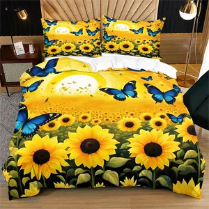Sunflower Bedding Set, Watercolor Floral Blue Butterfly Duvet Cover, Modern Bedroom Decor Gift, Includes 1 Duvet Cover & Pillowcases
