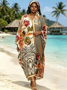1 Dress+1 headScarf，Zebra Floral Print Kaftan Dress for Women, Plus Size Muslim Abaya with Matching Headscarf, Loose Batwing Sleeve Maxi Caftan, Modest Beach Cover Up, Dubai Style Islamic Robe for Vacation, Eid & Casual Loungewear